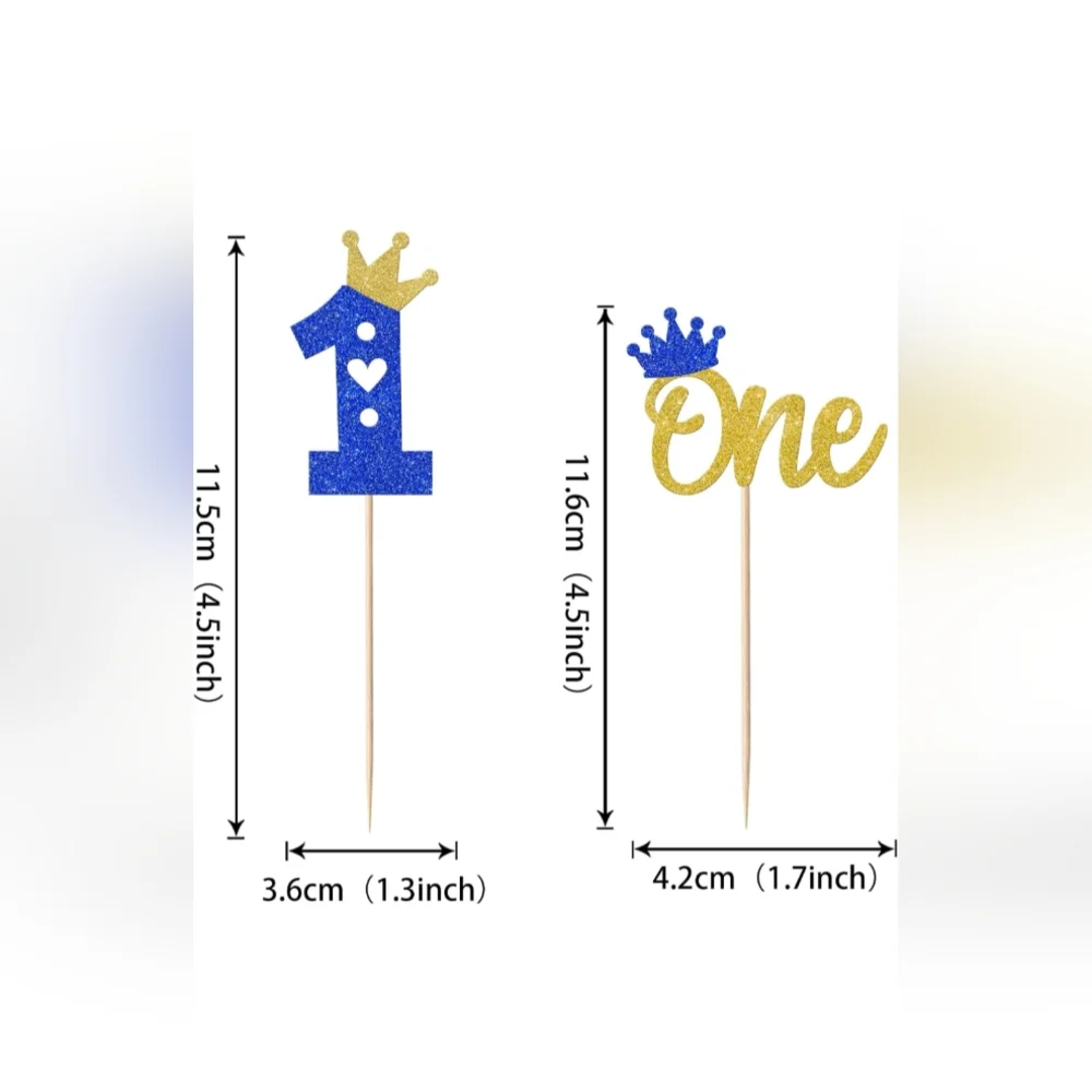 First Birthday Cupcake Toppers - Glitter One Crown Heart Cupcake Picks, 23-Piece